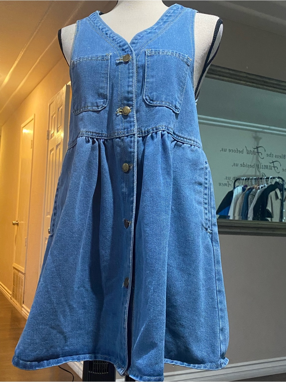 SHEIN Blue Sleeveless Denim Button-Front Mini Dress